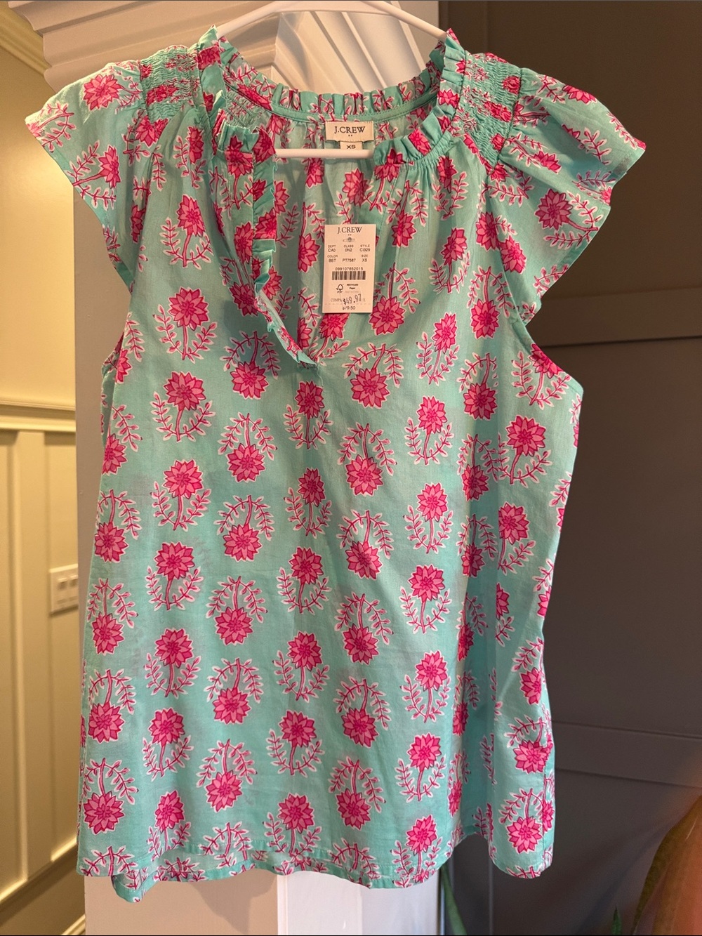 J. Crew Aqua Sleeveless Floral Popover with Hot Pink Print